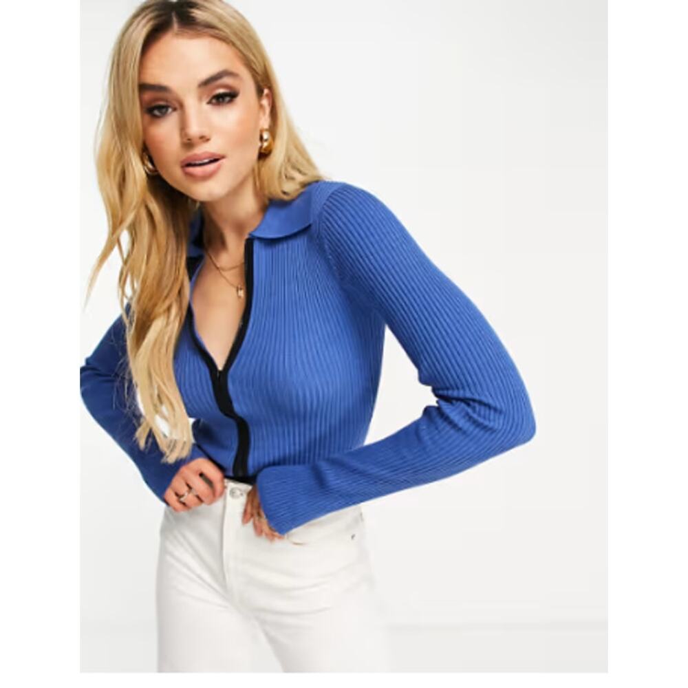 Cerulean Blue and Navy Zip Up Collar Sweater